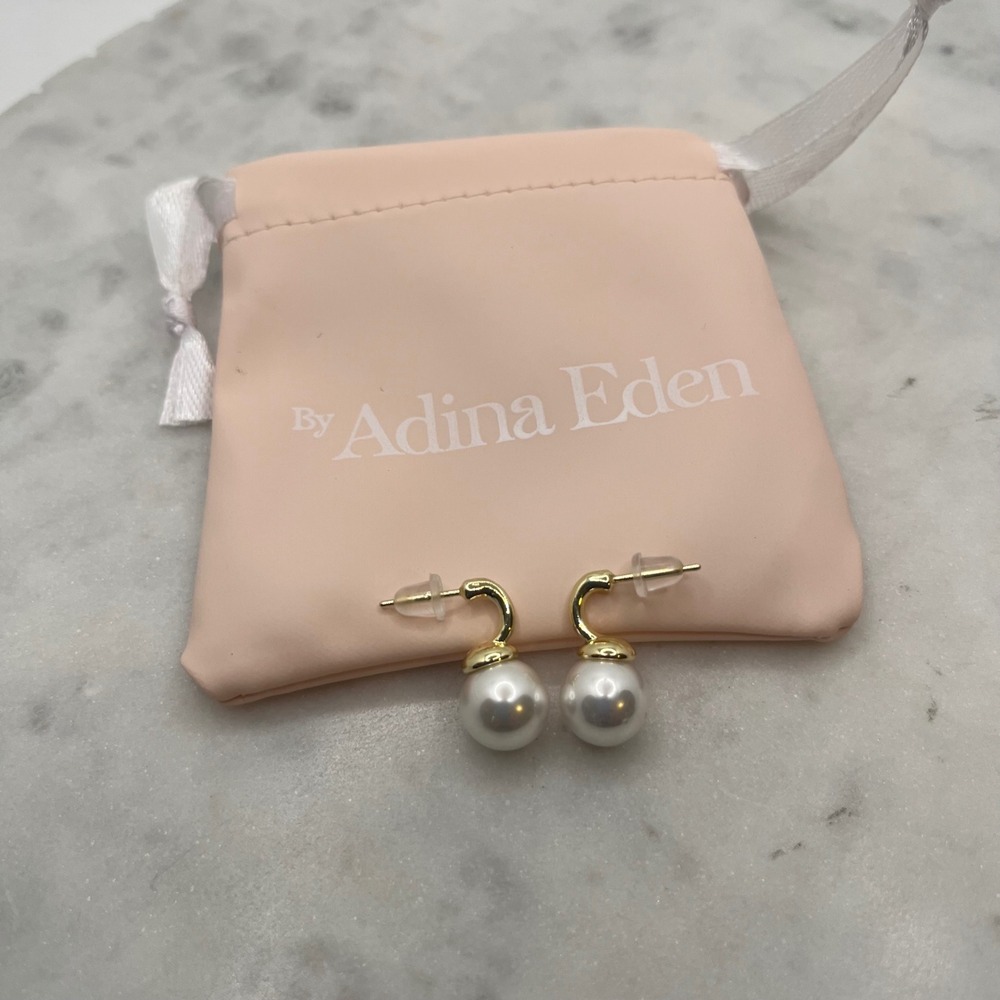 Dainty Pearl Huggie Earrings Adina Eden‎ 14K Gold Plated Faux Drop New Jewelry